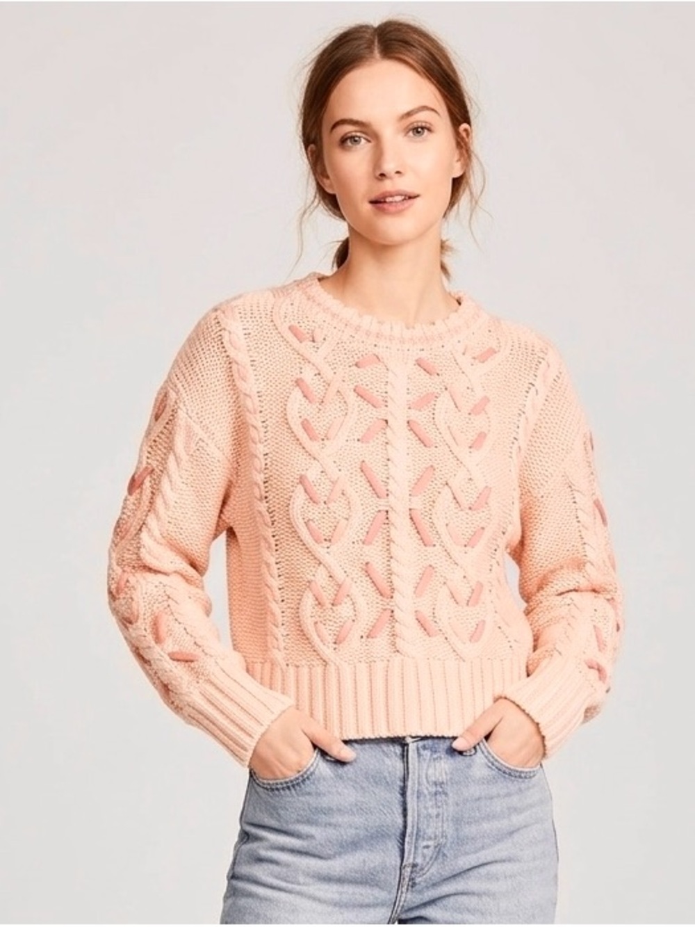 Joie Chunky Cable Knit Ribbon Heart Sweater Cotton Cashmere Size XS